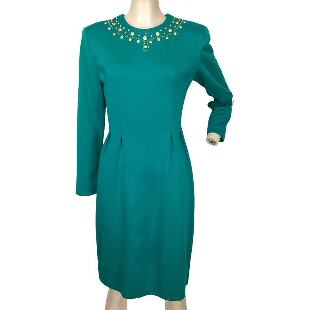 VTG 80s Petite Sophisticate Teal Spike Beaded Embellished Sheath Dress Size 4